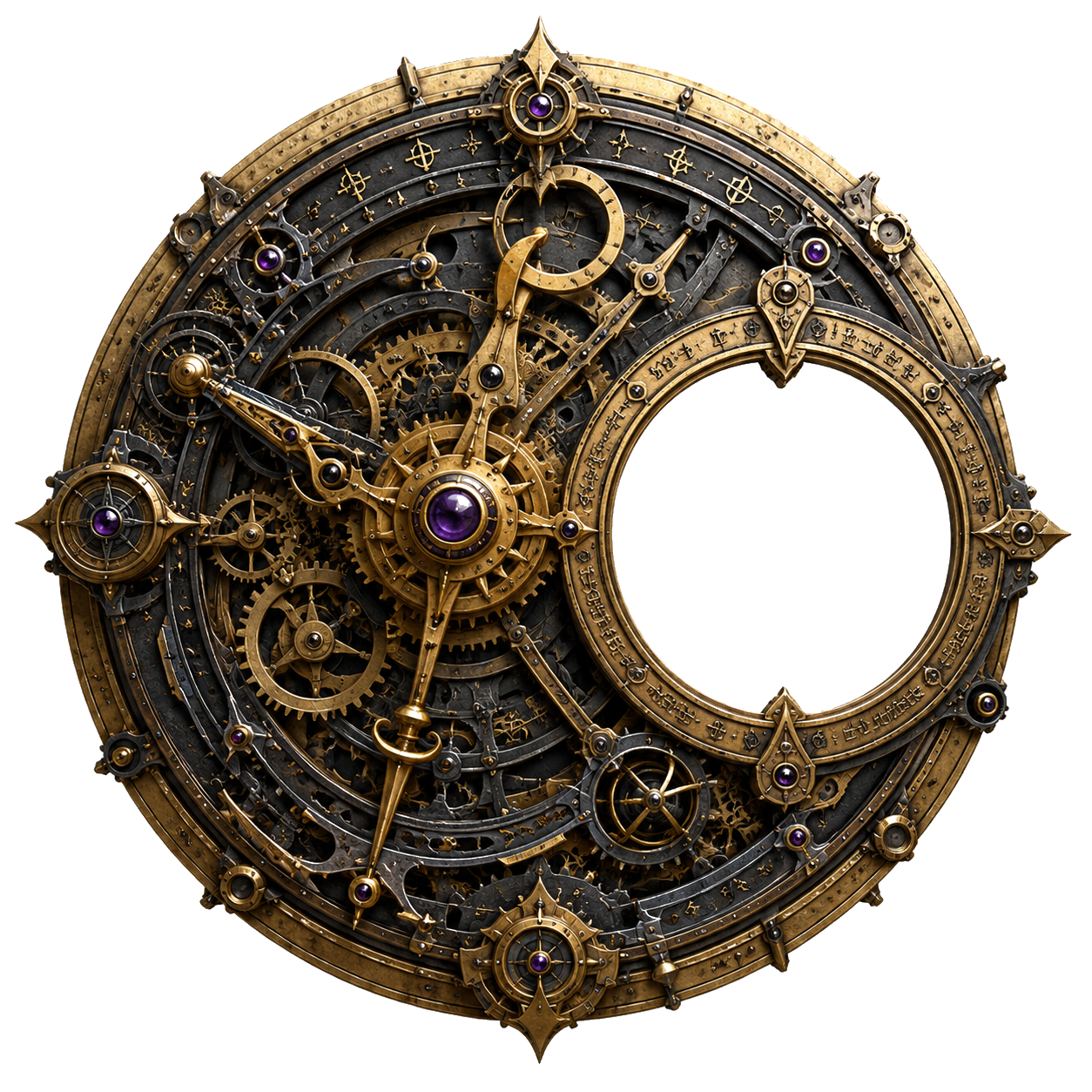 An ornate clockwork mechanism of brass and amethyst, its window opening onto drifting parchment.